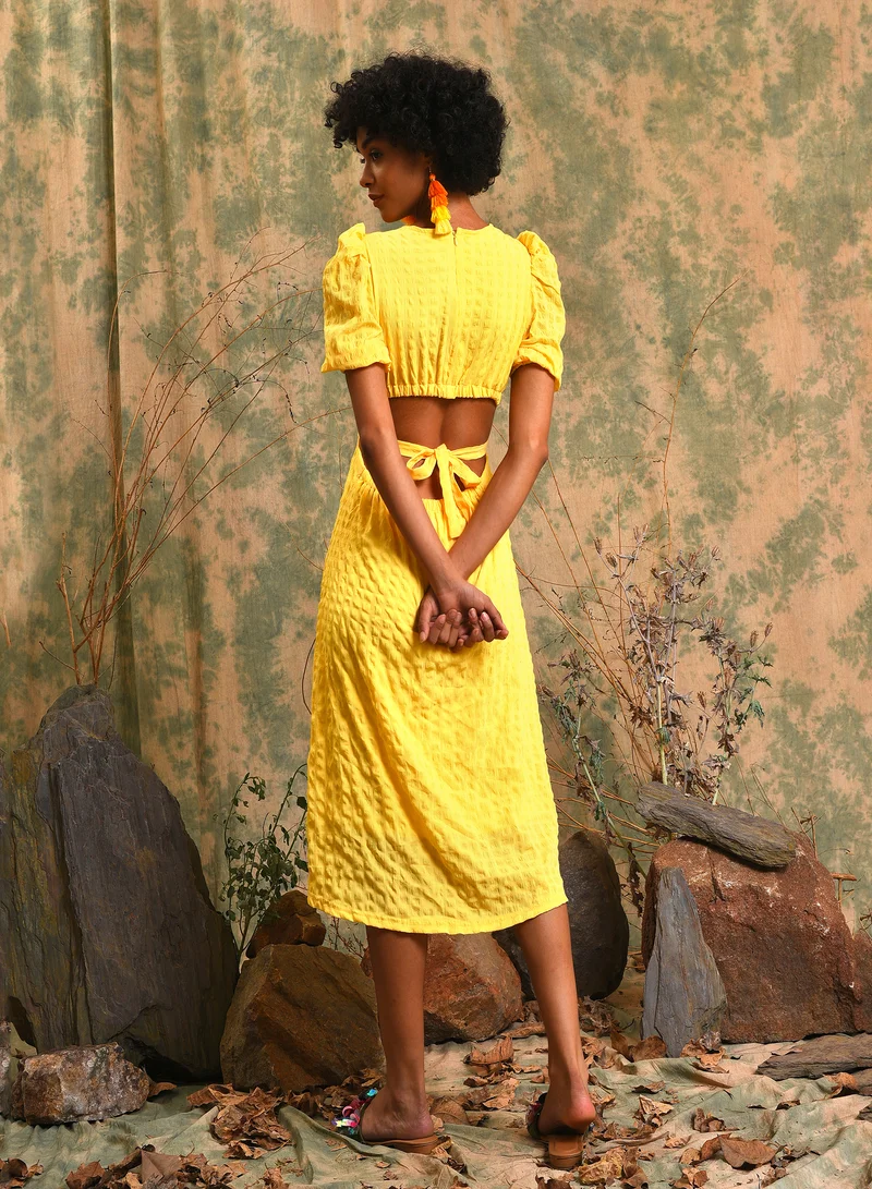 PINACOLADA  Women's Lemon Yellow Open-Back Midi Dress For Casual Wear | Round Neck | Short Sleeve | Pull On Closure | Dress Designed With Comfort Fit For Woman & Girls for Women | Best Price UAE